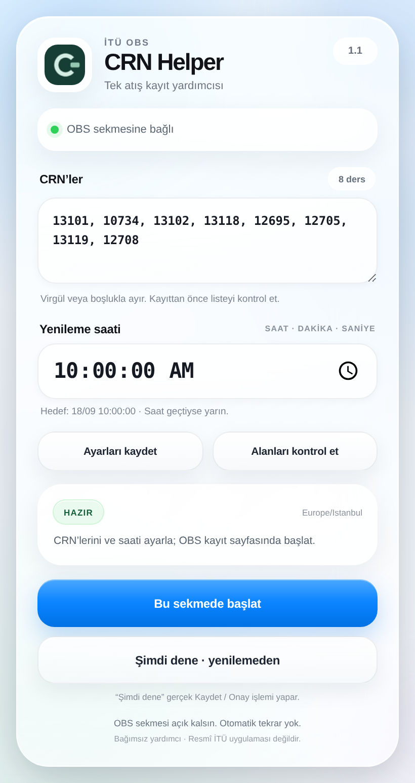 İTÜ CRN Botu eklentisinin CRN ve kayıt saati ayar ekranı